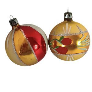 2 Vintage Poland Hand Blown & Painted Round Christmas Ornaments Yellow Orange